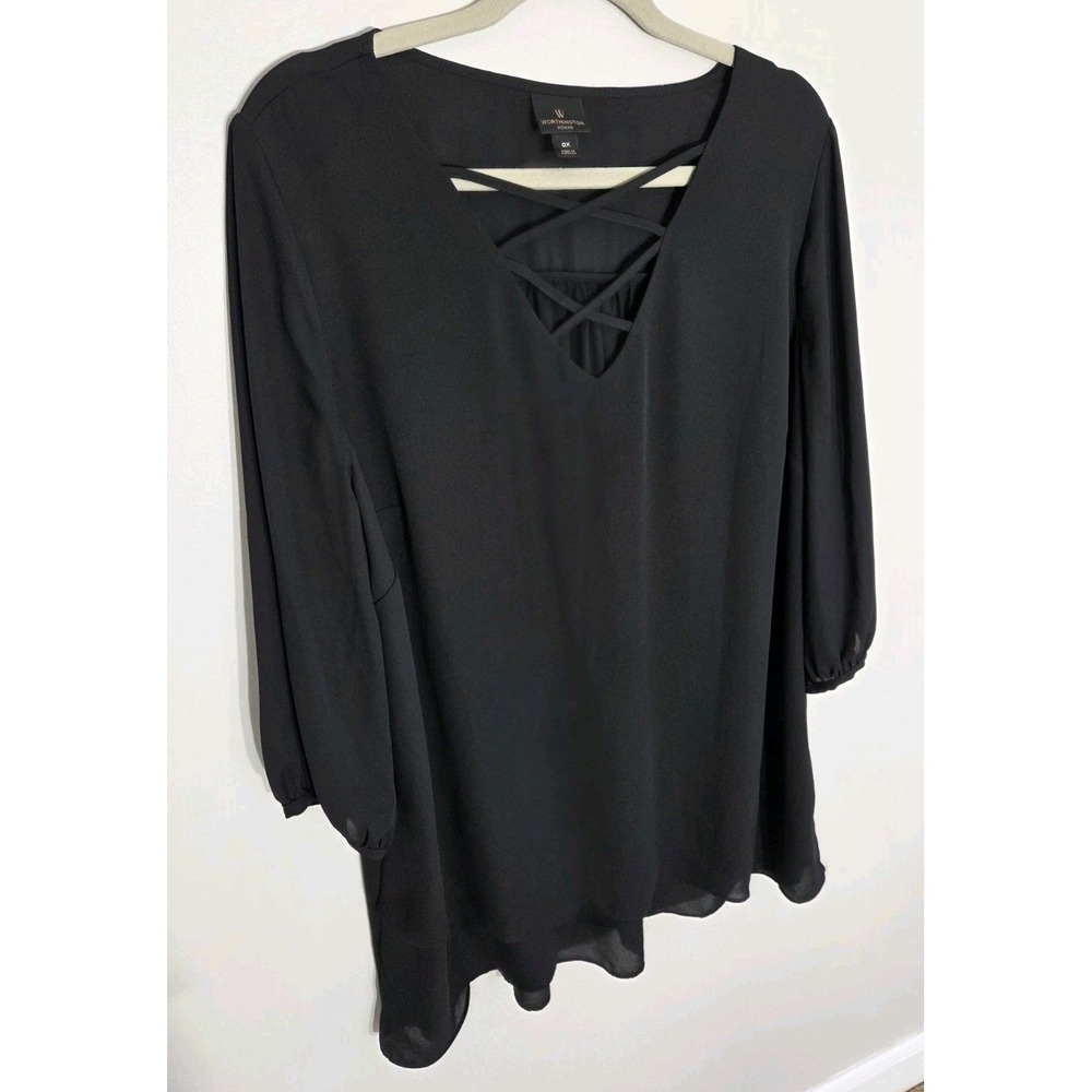 Worthington Black Peasant Blouse Top Dressy Petal Hem Office Women's 0X Plus
